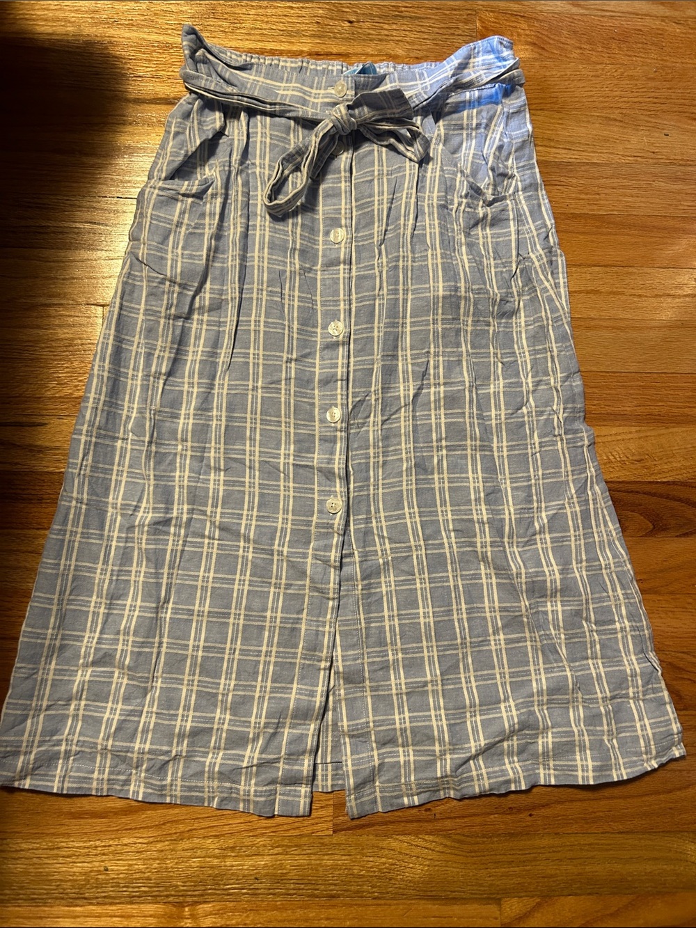 Draper James Light Blue Plaid Button-Front Midi Skirt with Waist Tie